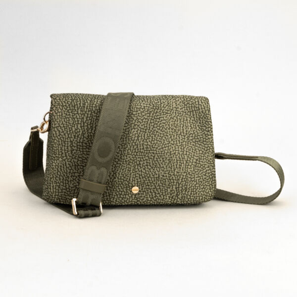 Borbonese mini bag portacellulare verde militare in nylon colore op natural, tracolla regolabile e removibile in tessuto logato, due scomparti separati.