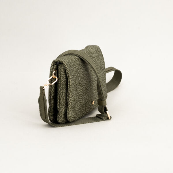 Borbonese mini bag portacellulare verde militare in nylon colore op natural, tracolla regolabile e removibile in tessuto logato, due scomparti separati.