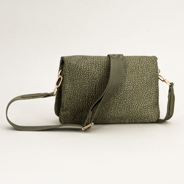 Borbonese mini bag portacellulare verde militare in nylon colore op natural, tracolla regolabile e removibile in tessuto logato, due scomparti separati.