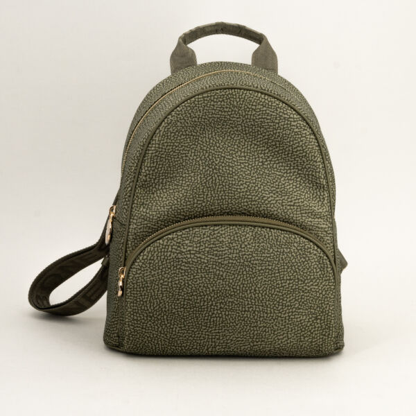 Borbonese zaino medium verde militare, borsa donna con struttura sostenuta, in nylon e pelle. Spallacci in tessuto regolabili, manico e chiusure con zip. Tasca esterna.