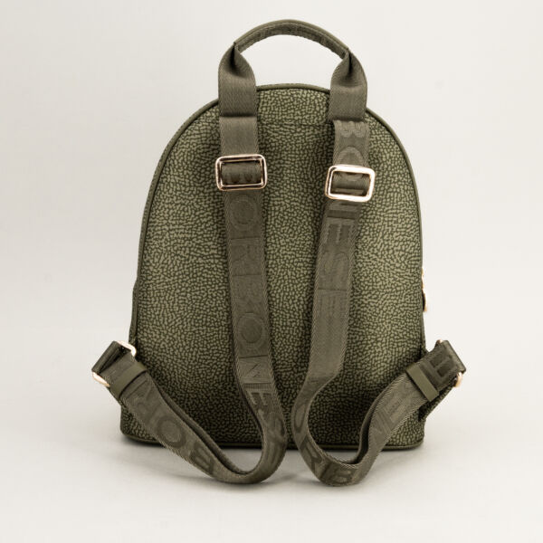 Borbonese zaino medium verde militare, borsa donna con struttura sostenuta, in nylon e pelle. Spallacci in tessuto regolabili, manico e chiusure con zip. Tasca esterna.