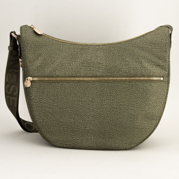 Borbonese luna bag medium verde militare borsa donna a spalla in n ylon e tessuto. Tasca esterna chiusa da zip.