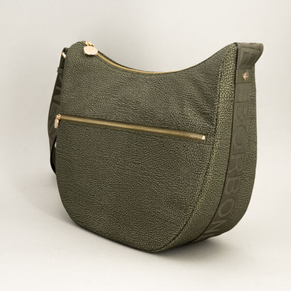 Borbonese luna bag medium verde militare borsa donna a spalla in n ylon e tessuto. Tasca esterna chiusa da zip.