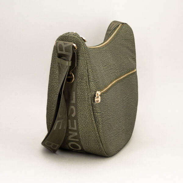 Borbonese luna bag medium verde militare borsa donna a spalla in n ylon e tessuto. Tasca esterna chiusa da zip.