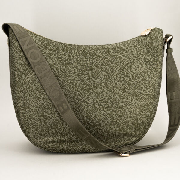 Borbonese luna bag medium verde militare borsa donna a spalla in n ylon e tessuto. Tasca esterna chiusa da zip.