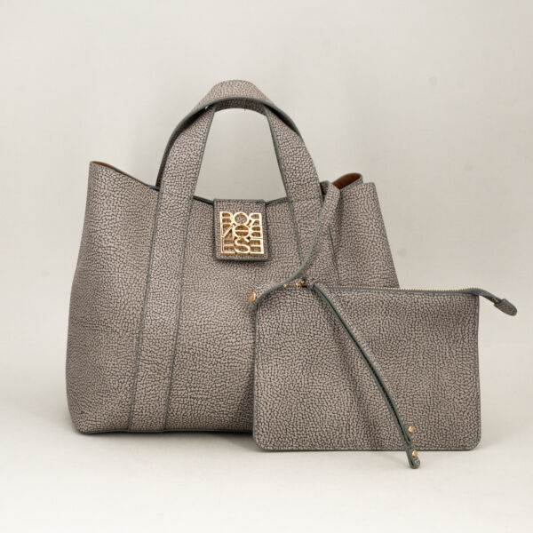 Borbonese borsa a mano elegante grey borsa donna a mano elegante con doppio manico e chiusura superiore con bottone magnetico, pochette interna con laccio di sicurezza chiusa da zip.