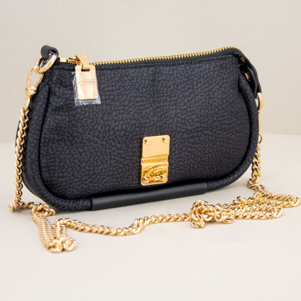 Borbonese mini bag nera in nylon ecosostenibile con tracolla in metallo dorato. Borsa donna piccola ed elegante