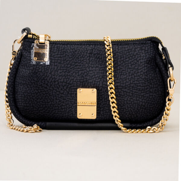 Borbonese mini bag nera in nylon ecosostenibile con tracolla in metallo dorato. Borsa donna piccola ed elegante