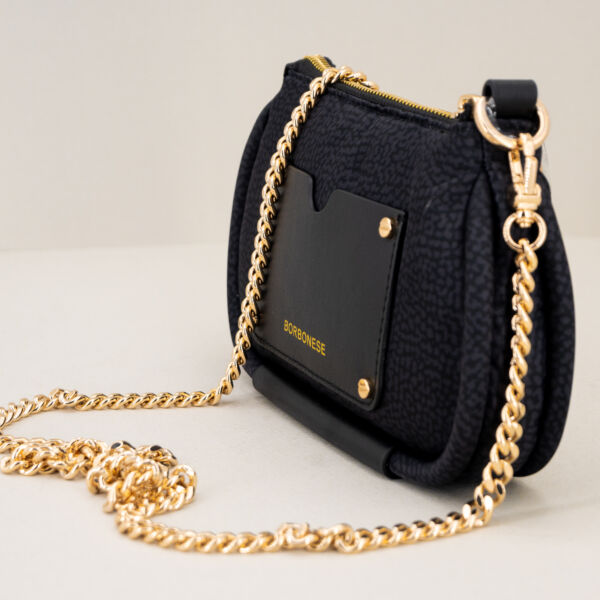 Borbonese mini bag nera in nylon ecosostenibile con tracolla in metallo dorato. Borsa donna piccola ed elegante