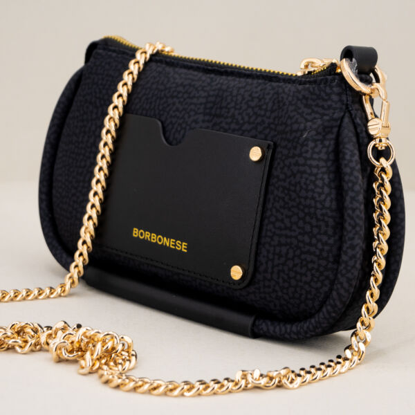 Borbonese mini bag nera in nylon ecosostenibile con tracolla in metallo dorato. Borsa donna piccola ed elegante