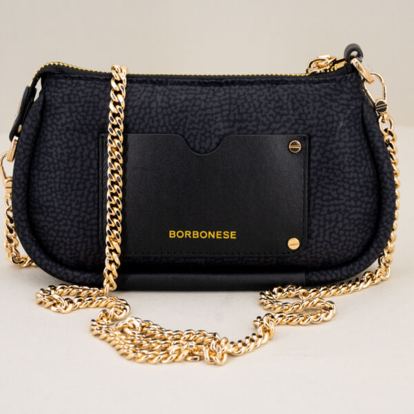 Borbonese mini bag nera in nylon ecosostenibile con tracolla in metallo dorato. Borsa donna piccola ed elegante