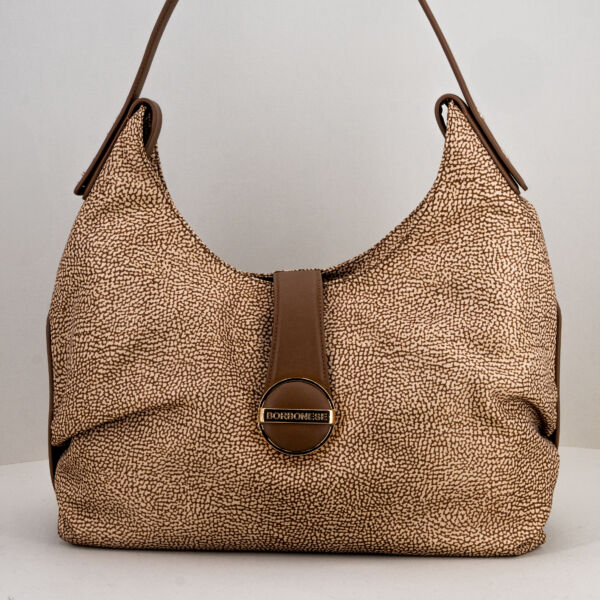 Borbonese borsa hobo op marrone con spallaccio per uso come borsa a spalla. Colore marrone e beige elegante e raffinato.