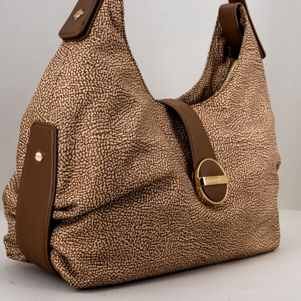 Borbonese borsa hobo op marrone con spallaccio per uso come borsa a spalla. Colore marrone e beige elegante e raffinato.