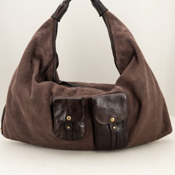 Campomaggi borsa a spalla in canvas marrone, manico robusto in pelle, tasche in pelle esterne. Borsa donna artigianale