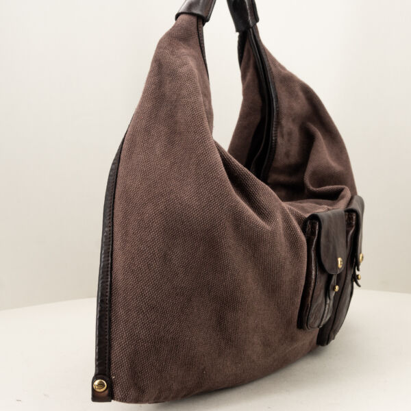 Campomaggi borsa a spalla in canvas marrone, manico robusto in pelle, tasche in pelle esterne. Borsa donna artigianale