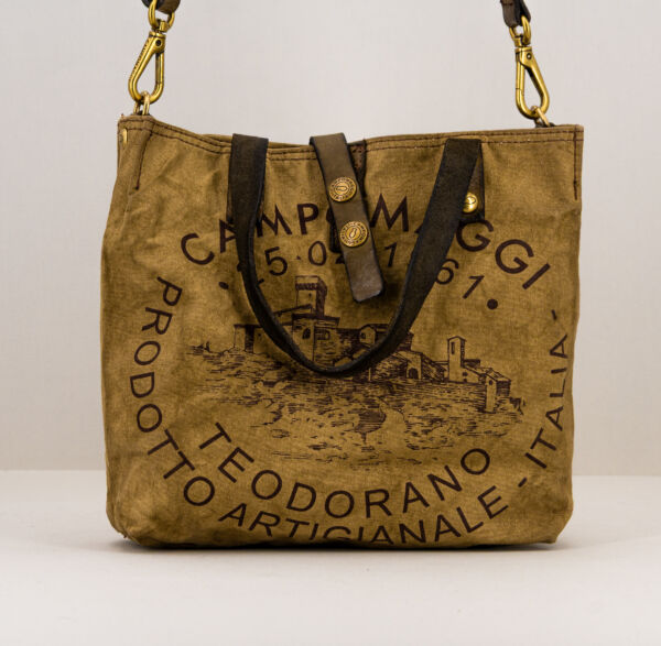 Campomaggi borsa in tela canva beige medium, in tela con finiture in pelle, borsa unisex shopper artigianale italiana